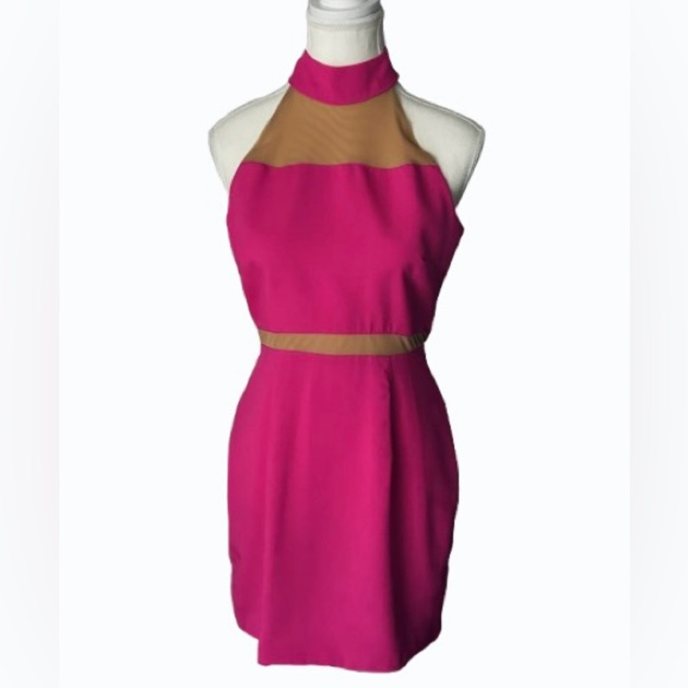 Naven Pink Illusion Halter Dress Bright Pink Nude Sheer Mesh Designer open Back